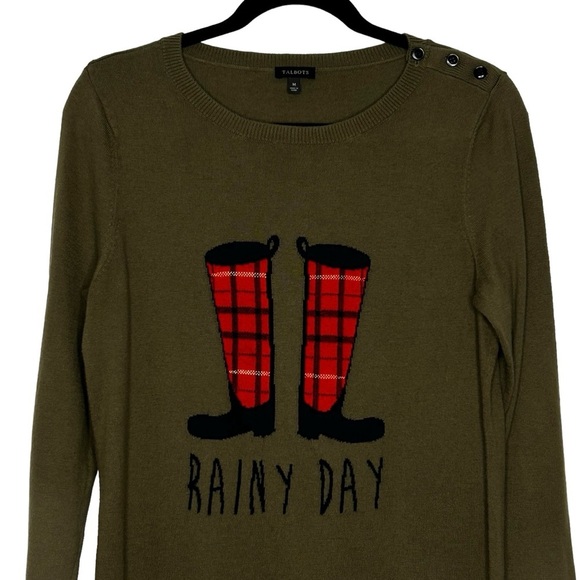 Talbots Olive Green Rainy Day Rain Boots Themed Pullover Knit Sweater Sz M - Picture 4 of 14
